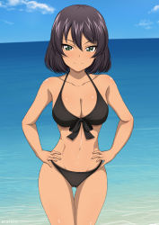Rule 34 | 1girl, absurdres, bikini, black bikini, black hair, blue sky, bob cut, breasts, brown hair, cleavage, closed mouth, cloud, commentary, commission, cowboy shot, dark-skinned female, dark skin, day, front-tie bikini top, front-tie top, girls und panzer, gluteal fold, green eyes, groin, hands on own hips, highres, horizon, hoshino (girls und panzer), inoshira, looking at viewer, medium breasts, narrow waist, navel, ocean, outdoors, pixiv commission, short hair, sky, smile, solo, standing, swimsuit, tan, thigh gap, twitter username, water