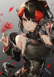 Rule 34 | 1girl, 40 (0f0urw), absurdres, bare shoulders, black dress, black hair, black nails, black sleeves, breasts, collarbone, commission, copyright request, covered collarbone, detached sleeves, dress, flower, gradient background, grey background, grey eyes, hands up, highres, holding, holding flower, long sleeves, looking at viewer, medium breasts, nail polish, parted lips, petals, red flower, skeb commission, sleeveless, sleeveless dress, sleeves past wrists, smile, solo, spider lily
