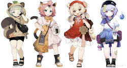 Rule 34 | 4girls, :o, absurdres, alternate costume, animal ear fluff, animal ears, anklet, backpack, bag, bell, beret, black headwear, black shorts, bloomers, blunt bangs, blush, boots, bow, bowtie, brown hair, brown hoodie, cat ears, cat girl, cat tail, child, chinese clothes, closed mouth, clothes around waist, cup, diona (genshin impact), disposable cup, dodoco (genshin impact), dress, ears through headwear, fingerless gloves, genshin impact, gloves, green eyes, grey eyes, grey hair, hair ornament, hands on own hips, hat, highres, holding, holding cup, holding own tail, hood, hood up, hoodie, jewelry, jingle bell, klee (genshin impact), layered dress, leaf, leaf on head, long hair, looking at viewer, menthako, multiple girls, neck ribbon, ofuda, open mouth, pink dress, pink eyes, pink hair, pointing, purple hair, qiqi (genshin impact), raccoon ears, raccoon girl, raccoon tail, red eyes, red headwear, ribbon, rubbing eyes, sandals, sayu (genshin impact), see-through, shirt, short hair, short sleeves, shorts, shoulder bag, sidelocks, simple background, smile, standing, strapless, strapless dress, tail, thermos, thick eyebrows, toeless footwear, toes, topknot, underwear, weibo watermark, white background