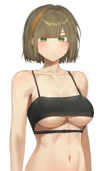 1girl absurdres bad_id bad_pixiv_id bikini bikini_top_only black_bikini breasts brown_hair closed_mouth collarbone green_eyes highres large_breasts looking_at_viewer multicolored_hair navel orange_hair original short_hair simple_background solo streaked_hair swimsuit underboob white_background zua_(2vziu)