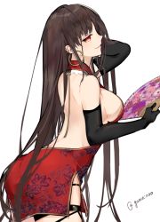 Rule 34 | 1girl, alternate costume, arm up, ass, backless dress, backless outfit, black gloves, breasts, brown hair, closed mouth, commentary request, cowboy shot, dress, ear piercing, earrings, elbow gloves, fate/grand order, fate (series), gloves, hand fan, holding, holding fan, hoop earrings, jewelry, large breasts, leaf print, leaning forward, long hair, looking at viewer, looking to the side, neko (ganecooo), piercing, print dress, red dress, side slit, sideboob, sideways glance, simple background, smile, solo, thigh strap, twitter username, very long hair, white background, yu mei-ren (fate)