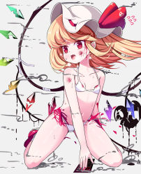 Rule 34 | 1girl, :o, blonde hair, blood, blood drip, blood on face, blush, bow, bra, breasts, broken, collarbone, commentary, crystal, english commentary, eyelashes, fang, flandre scarlet, flying sweatdrops, grey background, hat, hat bow, hat ribbon, highres, injury, kneeling, laevatein (touhou), looking to the side, mary janes, mob cap, nail polish, navel, open mouth, panties, red bow, red footwear, red nails, red ribbon, ribbon, shoes, sidelocks, simple background, small breasts, smoke, solo, spell card, sseopik, sweatdrop, thighs, torn clothes, touhou, underwear, white bra, white hat, white panties, wings