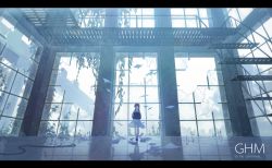 Rule 34 | 1girl, accordion, blue theme, broken glass, dress, english text, engrish text, closed eyes, glass, indoors, instrument, letterboxed, light particles, md5 mismatch, original, paper, plant, ranguage, scenery, solo, spencer sais, stairs, vines, wind, window