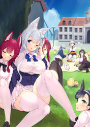 Rule 34 | &gt; &lt;, 6+girls, :3, absurdres, ahoge, all fours, animal ear fluff, animal ears, armband, azur lane, between breasts, black bow, black bowtie, black footwear, black hair, black necktie, black ribbon, black skirt, blue bow, blue bowtie, blue sky, bow, bowtie, braid, breasts, brown pantyhose, building, buttons, cat, chitose (azur lane), chiyoda (azur lane), closed eyes, collared shirt, day, essex (azur lane), fake animal ears, flower, food, formidable (azur lane), fox ears, french braid, french fries, from behind, fruit, grass, grey hair, hair ornament, hair ribbon, head on another&#039;s shoulder, highres, holding, holding flower, huge ahoge, jacket, katsuragi (azur lane), large breasts, long hair, long sleeves, looking at viewer, looking back, loose bowtie, manjuu (azur lane), medium breasts, meowfficer (azur lane), miniskirt, multiple girls, necktie, necktie between breasts, ochinsama, official alternate costume, on grass, one eye closed, orange (fruit), outdoors, pantyhose, partially unbuttoned, picnic, pleated skirt, purple jacket, rabbit ears, red eyes, red hair, red jacket, ribbon, round eyewear, school uniform, shinano (azur lane), shirt, shoes, skirt, sky, sleeping, taihou (azur lane), taihou (sweet time after school) (azur lane), taut clothes, taut shirt, thighband pantyhose, thighhighs, tree shade, twintails, very long hair, white cat, white flower, white shirt, white skirt, white thighhighs, yellow armband, zettai ryouiki