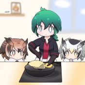 Rule 34 | 3girls, animal ears, animated, black hair, black jacket, blinking, blouse, blurry, blurry background, brown eyes, brown hair, commentary, cooking, depth of field, eurasian eagle owl (kemono friends), flipping food, food, frying pan, fur collar, gloves, green eyes, green hair, hand to own mouth, hat, unworn hat, head wings, unworn headwear, jacket, kaban (kemono friends), kemono friends, kemono friends 2, long hair, looping animation, multicolored hair, multiple girls, northern white-faced owl (kemono friends), photo (object), ponytail, red shirt, rice, shelf, shirt, short hair, smile, spatula, stove, table, taro (tontaro), video, white hair, window, wings, yellow eyes