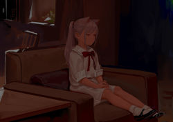 Rule 34 | 1girl, animal ears, armchair, artist name, bobby socks, cat ears, chair, child, dress, feiqizi (fkey), fkey, full body, indoors, looking away, mary janes, original, own hands together, ponytail, red eyes, shoes, silver hair, sitting, socks, solo, white dress, white socks