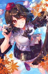 Rule 34 | 1girl, ayatsuki sugure, black hair, black skirt, black wings, blue sky, camera, feathered wings, grin, hat, highres, holding, holding camera, holding notebook, leaf, notebook, one eye closed, pom pom (clothes), red eyes, shameimaru aya, shirt, skirt, sky, smile, solo, tokin hat, touhou, white shirt, wings