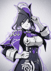 Rule 34 | 1girl, ascot, bao nguyen, capelet, clorinde (genshin impact), commentary, corset, genshin impact, gloves, hand up, hat, holding, holding weapon, purple ascot, purple capelet, shirt, skirt, solo, spot color, tricorne, upper body, weapon