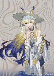 Rule 34 | 1girl, absurdres, arknights, bare shoulders, blonde hair, blue hair, chinese commentary, collarbone, commentary request, dragon girl, dragon horns, feet out of frame, grey background, grey eyes, grey hat, hair between eyes, hat, highres, horns, horns through headwear, jacket, jewelry, leaning, long hair, long sleeves, looking at viewer, multicolored hair, necklace, off shoulder, open clothes, open jacket, pants, parted lips, pointy ears, shu (arknights), solo, standing, strapless, straw hat, sun hat, tube top, very long hair, watermark, weibo logo, weibo watermark, white hair, white jacket, white pants, white tube top, yiyanbanshengchou