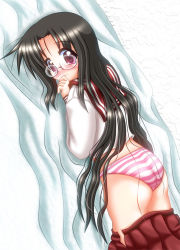 Rule 34 | 00s, 1girl, ass, bed, bed sheet, black hair, blush, clothes pull, dutch angle, female focus, frown, glasses, long hair, looking at viewer, lucky star, lying, on stomach, panties, pleated skirt, purple eyes, red eyes, sailor collar, school uniform, serafuku, shirai daizu, skindentation, skirt, skirt pull, solo, striped clothes, striped panties, tamura hiyori, underwear, very long hair
