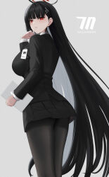 Rule 34 | 1girl, absurdres, black hair, black jacket, black pantyhose, black skirt, blue archive, blush, breasts, commentary request, from behind, grey background, hair ornament, halo, hand up, highres, jacket, large breasts, long hair, long sleeves, looking at viewer, looking back, pantyhose, parted lips, red eyes, rio (blue archive), skirt, solo, thighs, very long hair, yamikyon