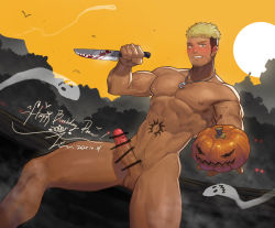Rule 34 | 1boy, abs, bar censor, bara, blonde hair, blood, blush, brown hair, censored, commission, completely nude, crescent, crescent necklace, dagger, dark-skinned male, dark skin, dutch angle, ear piercing, erection, facial hair, facial scar, feet out of frame, ghost, goatee, halloween, happy birthday, holding, holding dagger, holding knife, holding weapon, jack-o&#039;-lantern, jewelry, jin (sirius-j), jockstrap, knife, large pectorals, looking at viewer, male focus, male underwear, male underwear peek, mature male, multicolored hair, muscular, muscular male, navel, necklace, nipples, nude, orange male underwear, original, pectorals, penis, piercing, romg, scar, scar across eye, scar on cheek, scar on face, short hair, sideburns, solo, spiked hair, stomach, stomach tattoo, tattoo, thick eyebrows, thick thighs, thighs, two-tone hair, undercut, underwear, weapon