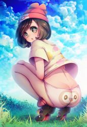 Rule 34 | 1girl, :o, ass, bad id, bad pixiv id, beanie, blue sky, brown hair, butt crack, cloud, creatures (company), day, female focus, frilled panties, frills, from behind, full body, game freak, gen 7 pokemon, grass, hat, highres, looking at viewer, looking back, naoto (yandereheaven), nintendo, outdoors, panties, plant, pokemon, pokemon sm, print panties, print shirt, rowlet, selene (pokemon), shirt, shoes, short sleeves, sky, solo, squatting, underwear