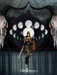 Rule 34 | 1girl, boots, copyright name, forest, highres, kopfstoff, logfella, moon, moon phases, mountain, nature, night, realistic, shield, skull, superbrothers: sword &amp; sworcery ep, sword, the grizzled boor, the scythian, tree, triangle, warrior, weapon