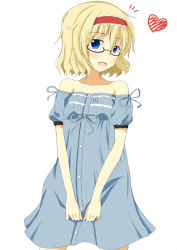 Rule 34 | 1girl, alice margatroid, alternate costume, bad id, bad pixiv id, bare shoulders, bespectacled, contemporary, fashion, female focus, glasses, hairband, heart, ice (artist), ice (doragon), solo, touhou