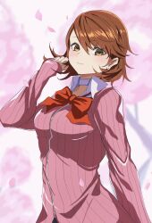 Rule 34 | 1girl, blurry, blurry background, blush, bow, bowtie, breasts, brown eyes, brown hair, cardigan, cherry blossoms, choker, closed mouth, collared shirt, commentary, earrings, falling petals, gekkoukan high school uniform, hair between eyes, hand up, highres, jewelry, long sleeves, looking at viewer, loose bowtie, medium breasts, persona, persona 3, persona 3 reload, petals, pink cardigan, pink nails, red bow, red bowtie, ribbed cardigan, s-m-53413, school uniform, shirt, short hair, solo, stud earrings, swept bangs, takeba yukari, upper body, white choker, white shirt