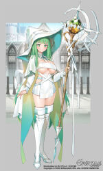 Rule 34 | 1girl, artist name, boots, breasts, cape, closed mouth, company name, copyright name, copyright notice, dress, evertale, eyelashes, fingernails, full body, green eyes, green nails, hat, highres, holding, holding staff, long hair, looking at viewer, medium breasts, merlin (evertale), official art, outdoors, popqn, revealing clothes, solo, staff, standing, thigh boots, very long hair, white footwear, witch, witch hat