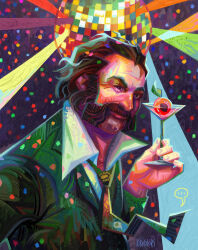 Rule 34 | 1boy, absurdres, artist name, beard, brown hair, cocktail glass, commentary, confetti, cup, disco ball, disco elysium, drinking glass, english commentary, facial hair, formal, green suit, harry du bois, highres, holding, holding cup, kikicolors, looking at viewer, male focus, mutton chops, necktie, smile, solo, suit, upper body, yellow necktie
