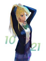 Rule 34 | 1girl, artist request, ayase eli, blonde hair, blue cardigan, blue eyes, blue jacket, blue skirt, blush, bow, bowtie, breasts, cardigan, checkered clothes, checkered skirt, collared shirt, female focus, fixing hair, green bow, hair between eyes, hair ornament, hair scrunchie, highres, jacket, long hair, long sleeves, looking at viewer, love live!, love live! school idol project, medium breasts, otonokizaka school uniform, parted lips, pleated skirt, ponytail, school uniform, scrunchie, shirt, short sleeves, skirt, smile, solo, spung, striped, striped bow, white background, white scrunchie, white shirt
