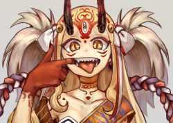 Rule 34 | 1girl, :d, absurdres, blonde hair, collarbone, facial mark, fate/grand order, fate (series), finger in own mouth, highres, horns, ibaraki douji (fate), long hair, looking at viewer, okitsugu, oni horns, open mouth, sharp teeth, slit pupils, smile, solo, teeth, third eye, yellow eyes