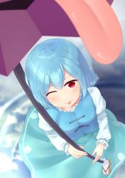 Rule 34 | 1girl, ;p, absurdres, aqua skirt, blue hair, blue vest, blurry foreground, blush, breasts, cloud, cloudy sky, cross-laced clothes, fisheye, from above, geta, highres, holding, holding umbrella, juliet sleeves, kanpa (campagne 9), karakasa obake, long sleeves, looking at viewer, medium breasts, one eye closed, puffy sleeves, purple umbrella, red eyes, reflection, shirt, short hair, skirt, sky, socks, solo, standing, tatara kogasa, tongue, tongue out, touhou, umbrella, vest, water, white shirt