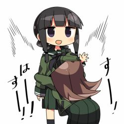Rule 34 | 10s, 2girls, black hair, braid, brown hair, female pervert, head under another&#039;s clothes, heavy breathing, hug, kanikama, kantai collection, kitakami (kancolle), long hair, lowres, multiple girls, ooi (kancolle), open mouth, pervert, purple eyes, school uniform, serafuku, under another&#039;s clothes, yuri
