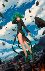Rule 34 | 1girl, absurdres, ass, black dress, black footwear, blue sky, breasts, cityscape, curly hair, day, destruction, dress, dutch angle, floating, floating rock, full body, green eyes, green hair, high heels, highres, idfer, kneepits, legs, levitation, messy hair, one-punch man, panties, pantyshot, pumps, side slit, sky, small breasts, solo, tatsumaki, underwear