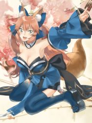 Rule 34 | 1girl, alternate eye color, animal ear fluff, animal ears, bad id, bad twitter id, bare shoulders, blue kimono, blue thighhighs, blush, bow, breasts, cherry blossoms, cleavage, detached sleeves, fang, fate/extra, fate (series), fox ears, fox girl, fox tail, hair bow, japanese clothes, kimono, kneeling, ofuda, pink hair, solo, tail, tamamo (fate), tamamo no mae (fate/extra), thighhighs, toes, twintails, yellow eyes, yurian (user utch8788)