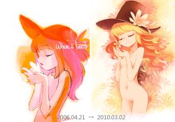 Rule 34 | 2girls, before and after, blonde hair, closed eyes, curly hair, flat chest, flower, hat, mao yu, multiple girls, navel, nude, original, redrawn