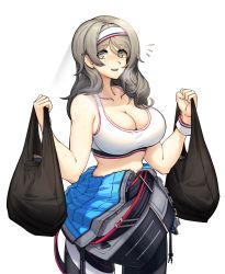 Rule 34 | 1girl, absurdres, bag, black bag, blush, breasts, cleavage, collarbone, feet out of frame, girls&#039; frontline, grey eyes, grey hair, hachirodesu, hairband, highres, holding, holding bag, k3 (girls&#039; frontline), large breasts, long hair, looking at viewer, open mouth, solo, sports bra, upper body, white background, white sports bra