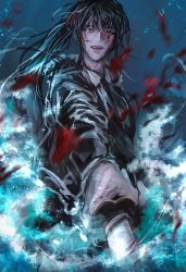 Rule 34 | 1girl, absurdres, black eyes, black hair, blood, blood on face, blue background, crying, crying with eyes open, dante ( dannnte ), highres, holding, holding sword, holding weapon, korean commentary, lee jihye, long hair, long sleeves, omniscient reader&#039;s viewpoint, open mouth, ponytail, solo, sword, tears, teeth, upper teeth only, water, weapon