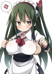 Rule 34 | &gt;:(, 1girl, abarabone, anger vein, apron, blush, breasts, brown eyes, closed mouth, disembodied hand, frown, grabbing, grabbing another&#039;s breast, grabbing from behind, green hair, hands up, highres, jitome, large breasts, long hair, maid, maid headdress, one side up, original, see-through, simple background, solo, solo focus, spoken anger vein, sweatdrop, upper body, v-shaped eyebrows, waist apron, white background