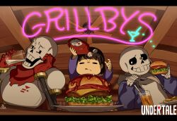 Rule 34 | 1other, 2boys, :q, = =, androgynous, arms up, bottle, brown hair, burger, cape, ceiling fan, cel shading, commentary request, copyright name, cup, drinking, drinking glass, drinking straw, elbow rest, facing viewer, food, frisk (undertale), from below, gloves, grin, head on hand, highres, holding, holding bottle, holding cup, holding food, hood, hood down, hooded jacket, indoors, jacket, kamezaemon, ketchup bottle, letterboxed, looking at another, male focus, multiple boys, neon sign, open mouth, papyrus (undertale), plate, purple jacket, purple shirt, red cape, red gloves, restaurant, sans, shirt, short hair, skeleton, smile, teeth, tongue, tongue out, torn cape, torn clothes, undertale, upper body
