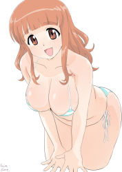 Rule 34 | 1girl, :d, artist name, bikini, blue bikini, blunt bangs, breasts, cleavage, commentary, cropped legs, curvy, girls und panzer, large breasts, leaning forward, long hair, looking at viewer, mizukane, open mouth, orange eyes, orange hair, side-tie bikini bottom, signature, simple background, skindentation, smile, solo, standing, striped bikini, striped clothes, sweat, swimsuit, takebe saori, v arms, white background