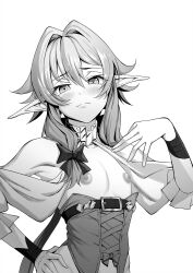 Rule 34 | 1girl, armpits, blush, closed mouth, commentary request, elf, flat chest, goblin slayer!, greyscale, high elf archer (goblin slayer!), highres, looking at viewer, medium hair, monochrome, nipples, pointy ears, simple background, solo, tekkai blade, upper body, white background