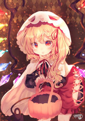 Rule 34 | 1girl, :3, absurdres, argyle, argyle background, argyle clothes, basket, blonde hair, bloomers, blush, breasts, brown background, capelet, clothing cutout, cowboy shot, crystal, crystal wings, dress, flandre scarlet, halloween bucket, hands up, hat, highres, holding, holding basket, kemo chiharu, laevatein (touhou), leaning forward, light particles, looking at viewer, medium hair, mob cap, neck ribbon, rainbow order, red bloomers, red eyes, red ribbon, ribbon, side cutout, side ponytail, signature, simple background, small breasts, solo, tongue, tongue out, touhou, underwear, white capelet, white hat, wings