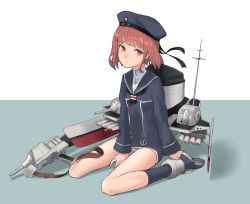 Rule 34 | 1girl, between legs, blue footwear, blue hat, blue sailor collar, blue socks, brown eyes, brown hair, cancell, cannon, closed mouth, dress, hand between legs, hat, kantai collection, long sleeves, looking at viewer, machinery, panties, pantyshot, sailor collar, sailor dress, shirt, shoes, short dress, short hair, sitting, socks, solo, underwear, wariza, white shirt, z3 max schultz (kancolle)