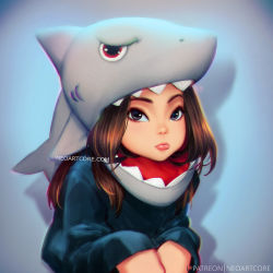 Rule 34 | 1girl, aged down, animal costume, animal hat, brown hair, child, commentary, face, grey eyes, hat, lips, long hair, looking at viewer, neoartcore, nose, original, shark costume, sitting, solo, watermark, web address