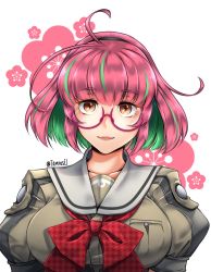 Rule 34 | ahoge, blouse, bow, bowtie, breasts, cherry blossom print, collarbone, corset, floral background, floral print, glasses, green shirt, green hair, grey sailor collar, highres, juliet sleeves, kantai collection, kazaharu matsuhata, large breasts, lips, long sleeves, multicolored hair, pink-framed eyewear, pink hair, ponytail, puffy sleeves, red bow, red eyes, sailor collar, sailor shirt, shirt, short hair, streaked hair, twitter username, ume (kancolle), white background