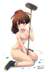 Rule 34 | 1girl, alternate costume, ass, bikini, black footwear, black ribbon, boots, bow, bow bikini, breasts, broom, brown eyes, brown hair, buchikaki, cleavage, closed mouth, commentary, dated, full body, girls und panzer, hair ribbon, halterneck, highres, holding, holding broom, koyama yuzu, looking at viewer, medium breasts, medium hair, official alternate costume, ponytail, ribbon, shiny skin, side-tie bikini bottom, simple background, smile, solo, swimsuit, twitter username, wavy hair, wet, white background, white bikini, wide hips