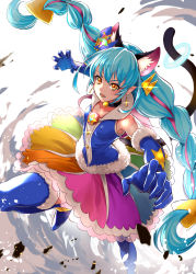 Rule 34 | 1girl, absurdres, animal ears, black neckwear, blue footwear, blue gloves, blue hair, boots, braid, brooch, brown eyes, cat ears, cat tail, choker, circle skirt, cure cosmo, curled fingers, earrings, elbow gloves, extra ears, full body, gloves, hat, highres, jewelry, long hair, looking at viewer, magical girl, mini hat, mini top hat, multicolored clothes, multicolored skirt, pointy ears, precure, pukara, serious, skirt, smoke, solo, star twinkle precure, tail, thigh boots, thighhighs, top hat, twin braids, white background, yuni (precure)