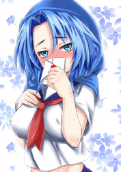 Rule 34 | 1girl, alternate costume, blue eyes, blue hair, blush, breasts, covered erect nipples, covering own mouth, ebi 193, floral background, full-face blush, hand on own chest, hood, kumoi ichirin, large breasts, letter, looking at viewer, love letter, matching hair/eyes, midriff, navel, school uniform, serafuku, short hair, short sleeves, solo, touhou