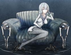 Rule 34 | 10s, 1girl, abyssal ship, black thighhighs, couch, glowing, glowing eyes, head rest, in water, indoors, kantai collection, long hair, looking at viewer, mechanical legs, no boots, no headwear, no shoes, pepii, purple eyes, silver hair, sitting, solo, thighhighs, wo-class aircraft carrier