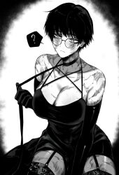 Rule 34 | 1girl, ?, absurdres, alternate breast size, black dress, breasts, burn scar, cleavage, dress, garter straps, glasses, greyscale, highres, jujutsu kaisen, large breasts, leash, looking at viewer, masoq, monochrome, scar, scar on arm, scar on face, shiny skin, short hair, solo, spoken question mark, sweat, thighhighs, zen&#039;in maki