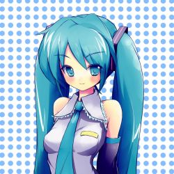 Rule 34 | 1girl, bare shoulders, blue eyes, blue hair, blush, breasts, detached sleeves, female focus, hatsune miku, highres, light smile, long hair, matching hair/eyes, necktie, smile, solo, takunama, twintails, vocaloid, white background