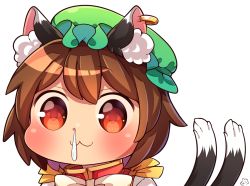 Rule 34 | 1girl, :3, animal ears, blush, bow, bowtie, brown hair, cat ears, cat tail, chen, chinese clothes, closed mouth, commentary request, earrings, frills, green hat, hat, highres, ibaraki natou, jewelry, messy hair, mob cap, multiple tails, nekomata, red eyes, red vest, shirt, short hair, signature, single earring, snot, snot trail, solo, tail, touhou, transparent background, two tails, vest, white shirt, yellow bow, yellow bowtie