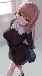 Rule 34 | 1girl, arms behind back, bag, black skirt, blush, breasts, brown eyes, brown hair, closed mouth, collarbone, hair ribbon, highres, holding, holding bag, jack dempa, large breasts, long hair, long sleeves, looking at viewer, original, pleated skirt, red neckwear, red ribbon, ribbon, sailor collar, school uniform, skirt, smile, solo, walking, white sailor collar