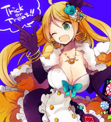 Rule 34 | 10s, 1girl, bad id, bad pixiv id, blonde hair, bow, breasts, candy, cleavage, divine gate, doodle-doo, food, green eyes, jewelry, large breasts, long hair, lots of jewelry, one eye closed, open mouth, smile, solo, trick or treat