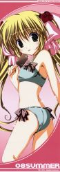 Rule 34 | :p, absurdres, aihara tokimi, bikini, blonde hair, blush, flat chest, food, green eyes, hair ornament, hair ribbon, highres, korie riko, long hair, long image, looking back, midriff, popsicle, ribbon, side-tie bikini bottom, solo, stick poster, supreme candy, swimsuit, tall image, tongue, tongue out, twintails