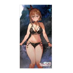 Rule 34 | 1girl, arms at sides, atelier (series), atelier ryza, beach, bikini, black bikini, black headwear, blush, braid, breasts, brown eyes, brown hair, cliff, copyright name, earrings, hair ornament, hair ribbon, headband, jewelry, knees together feet apart, large breasts, looking at viewer, necklace, official art, outdoors, reisalin stout, ribbon, short hair, sitting, solo, swimsuit, thick thighs, thighs, toridamono, wristband